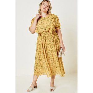 Hayden Plus Yellow Floral Pleated Button Down Puff Sleeves Midi Dress